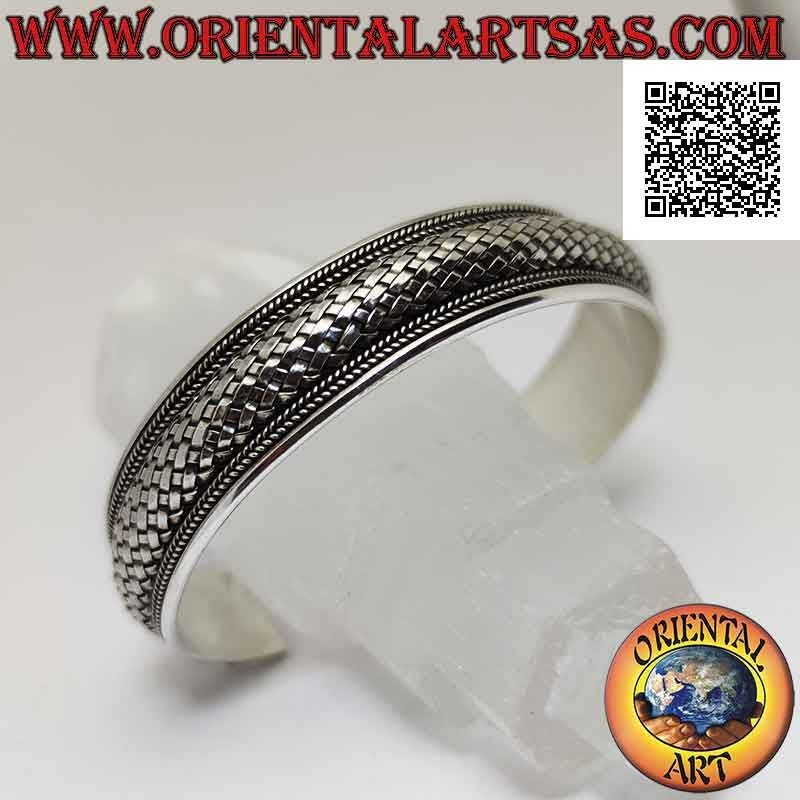 Wide rigid bracelet in 925 ‰ silver with rounded weave (straw style) between weaves