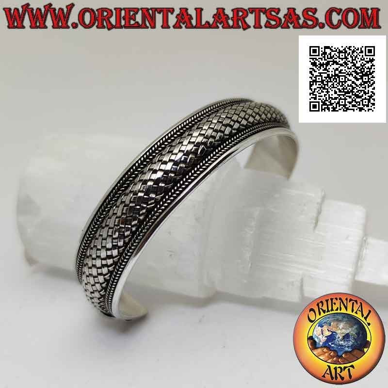 Bracciale rigido in argento 925‰ largo con intreccio bombato (stile paglia) tra intrecci