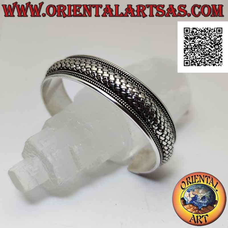 Bracelet rigide large en argent 925 ‰ avec tissage arrondi (style paille) entre les tissages