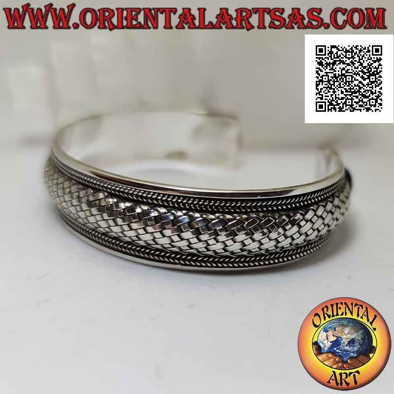 Bracciale rigido in argento 925‰ largo con intreccio bombato (stile paglia) tra intrecci