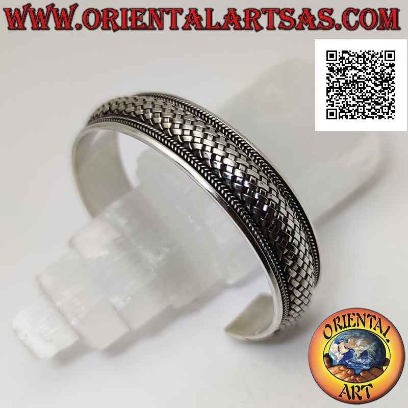 Wide rigid bracelet in 925 ‰ silver with rounded weave (straw style) between weaves