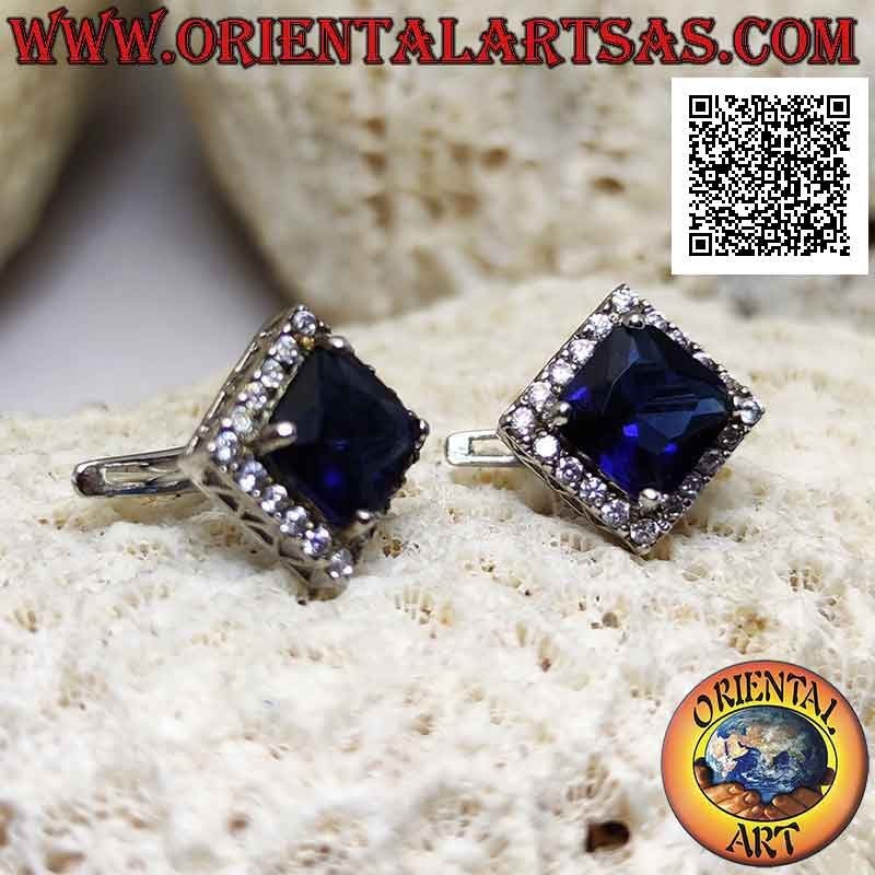Silver earrings with square synthetic sapphire set surrounded by zircons and fretwork on the sides