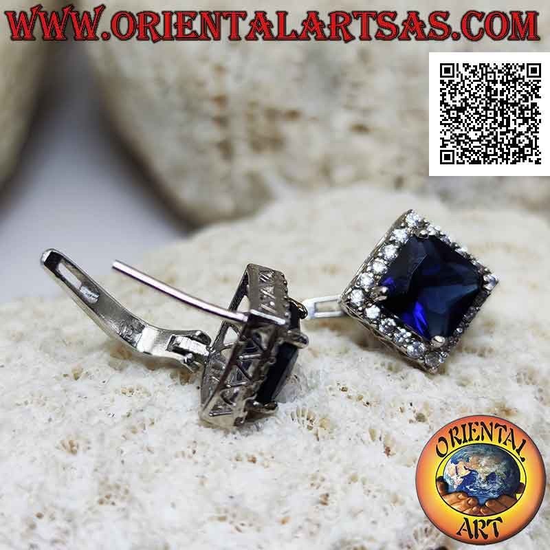 Silver earrings with square synthetic sapphire set surrounded by zircons and fretwork on the sides