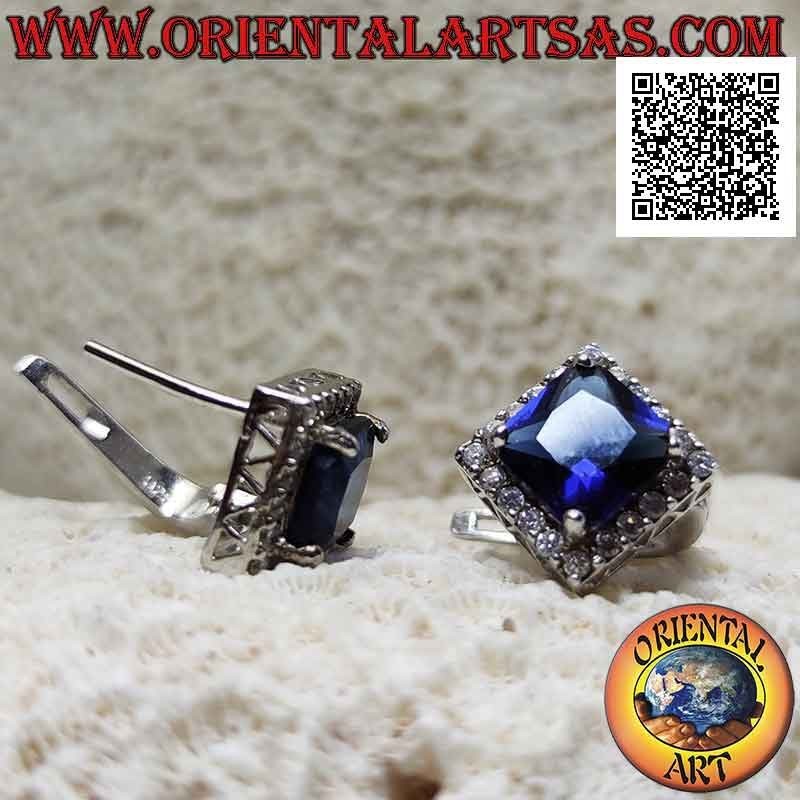 Silver earrings with square synthetic sapphire set surrounded by zircons and fretwork on the sides