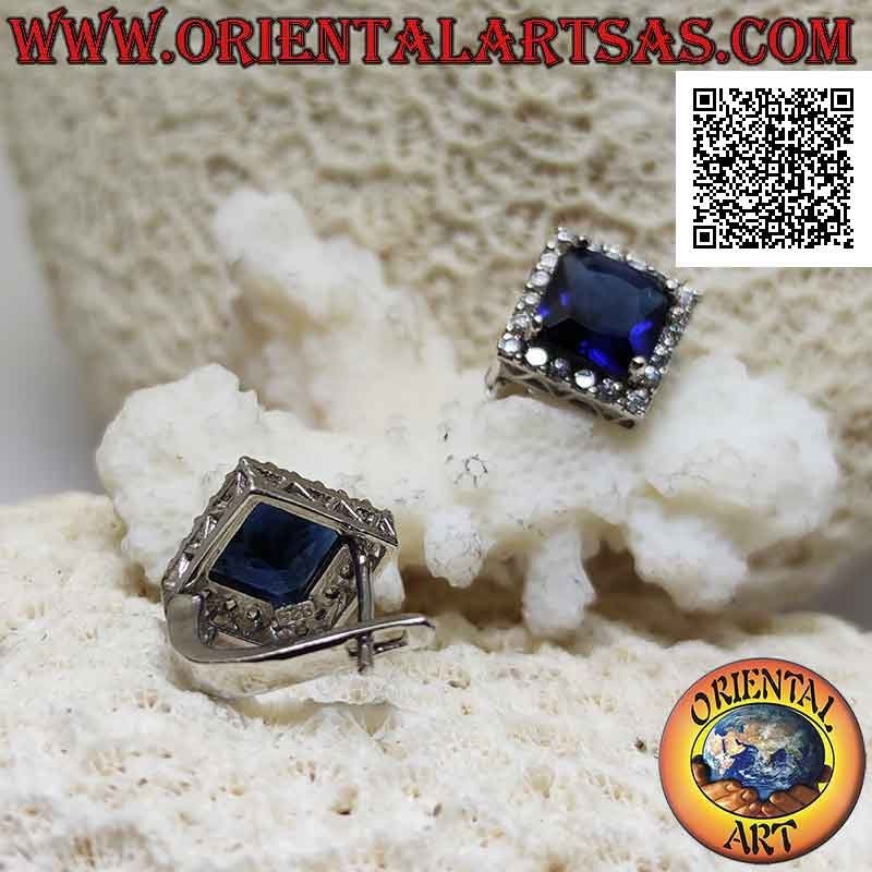 Silver earrings with square synthetic sapphire set surrounded by zircons and fretwork on the sides