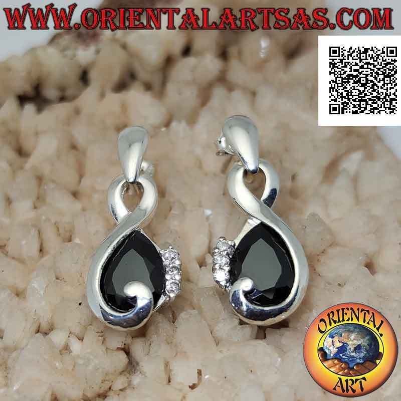 Boucles d'oreilles en argent en forme d'infini avec zircon spinelle en forme de goutte et trio de zircons blancs