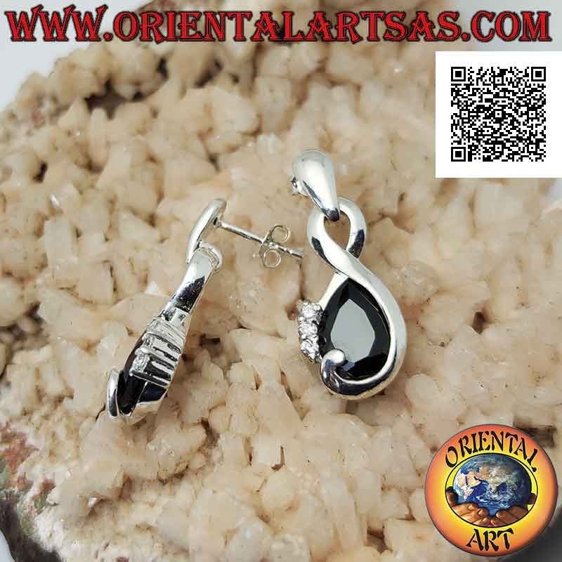 Silver earrings in the shape of an infinity with drop-shaped spinel zircon and trio of white zircons