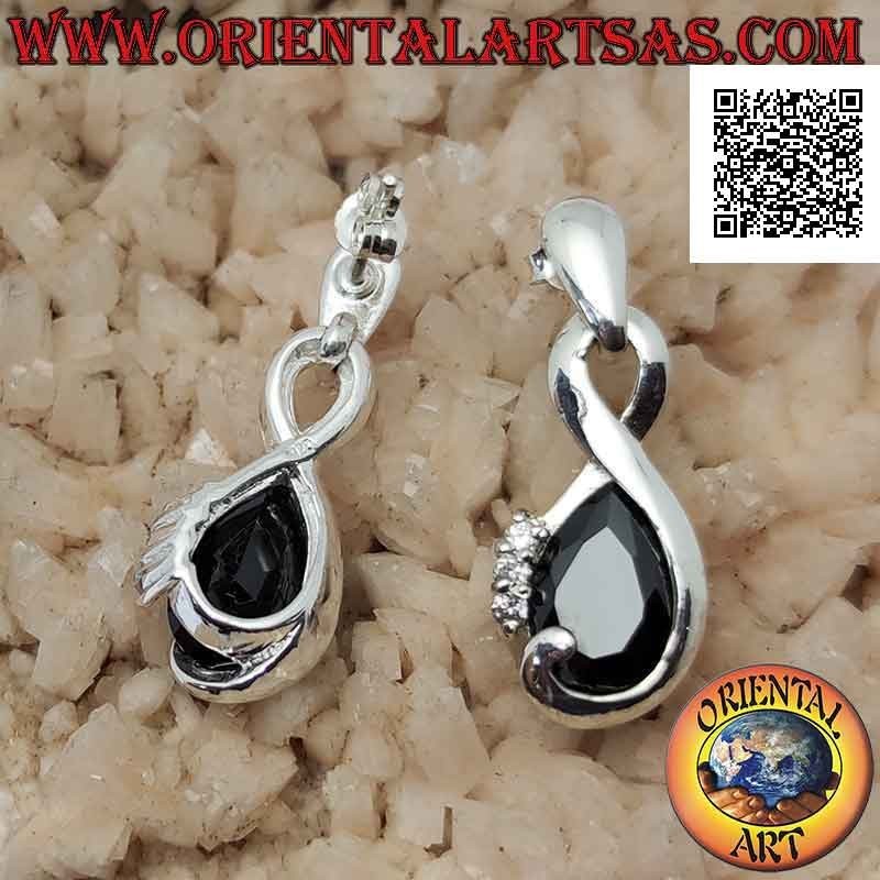 Silver earrings in the shape of an infinity with drop-shaped spinel zircon and trio of white zircons