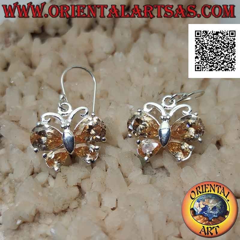 Orecchini in argento pendenti a forma di farfalla con zircone giallo lemon incastonato nelle ali