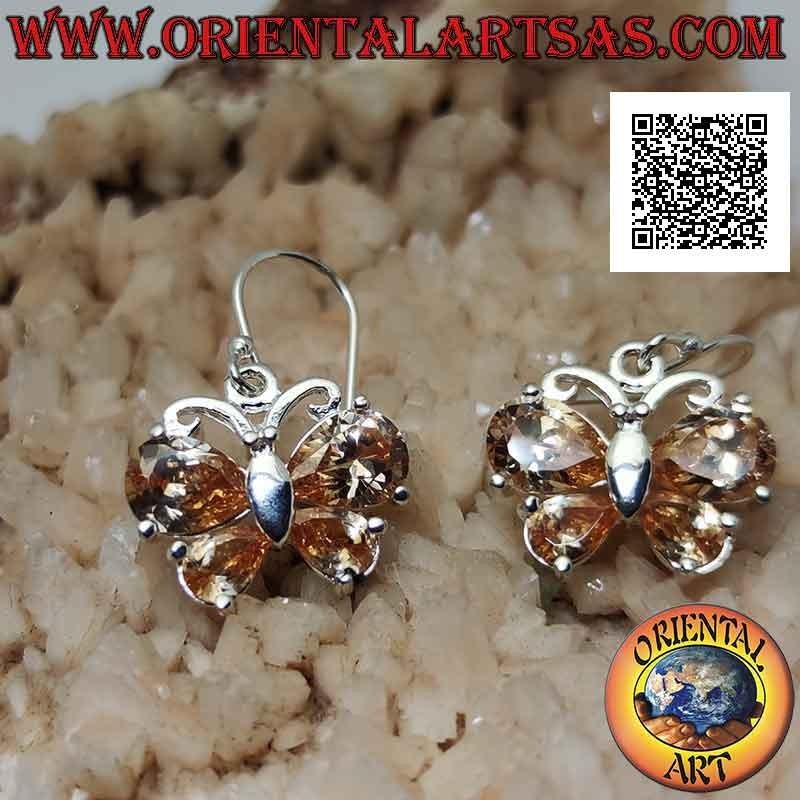 Silver pendant earrings in the shape of a butterfly with lemon yellow zircon set in the wings
