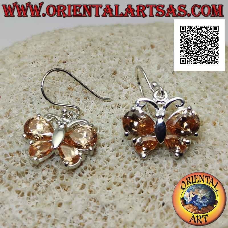 Silver pendant earrings in the shape of a butterfly with lemon yellow zircon set in the wings