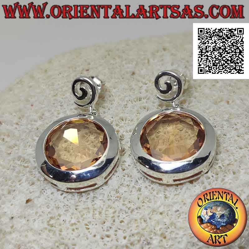 Pendientes de plata con lóbulo en espiral y gran circonita champagne facetada redonda con alambre de borde liso