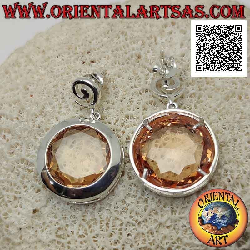 Boucles d'oreilles en argent avec spirale à lobes et grand zircon champagne à facettes rondes avec fil à bord lisse