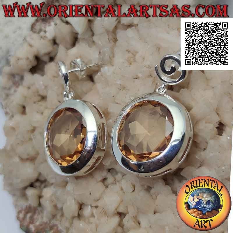 Boucles d'oreilles en argent avec spirale à lobes et grand zircon champagne à facettes rondes avec fil à bord lisse