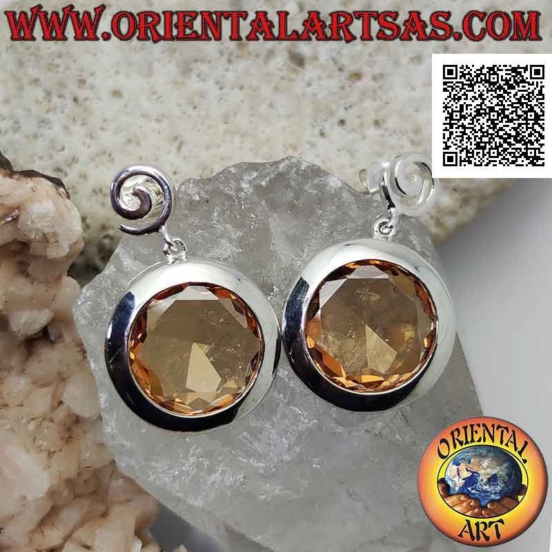Pendientes de plata con lóbulo en espiral y gran circonita champagne facetada redonda con alambre de borde liso