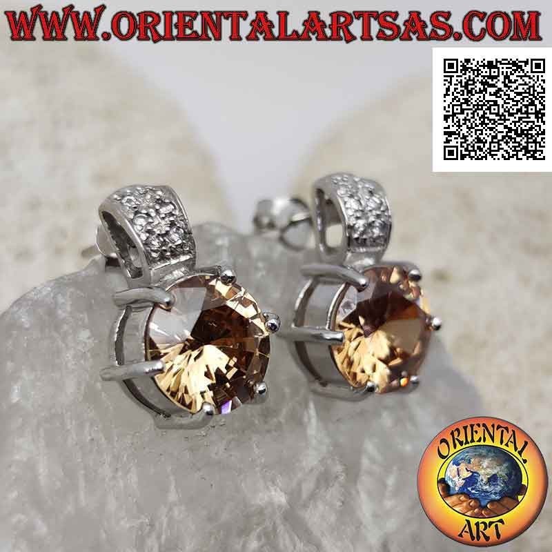 Silver lobe earrings with round faceted champagne zircon set and zircon studded band above