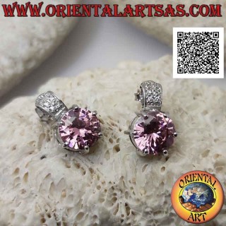 Orecchini in argento da lobo con zircone di Francia tondo sfaccettato incastonato e fascia di zirconi sopra