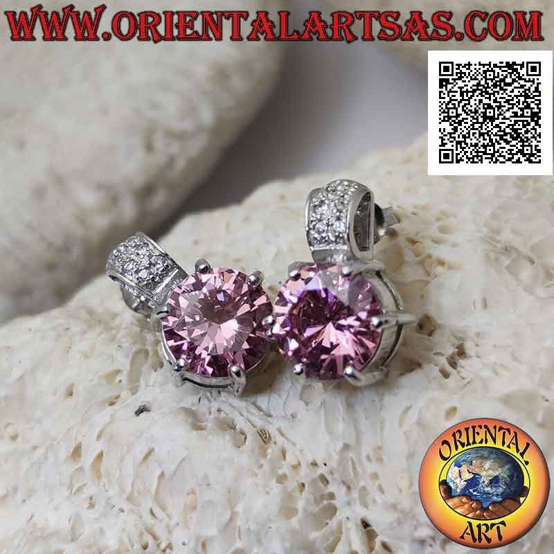 Silver lobe earrings with round faceted French zircon set and a band of zircons above