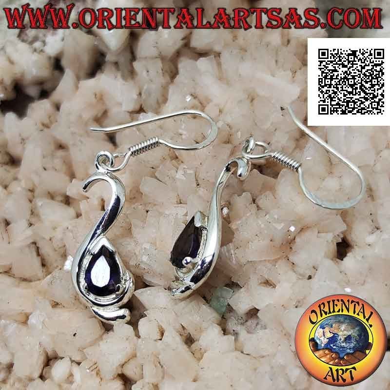 Silver pendant earrings with drop iolite set on a smooth sinuous frame