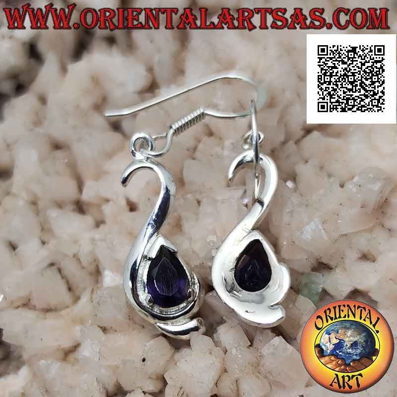 Silver pendant earrings with drop iolite set on a smooth sinuous frame