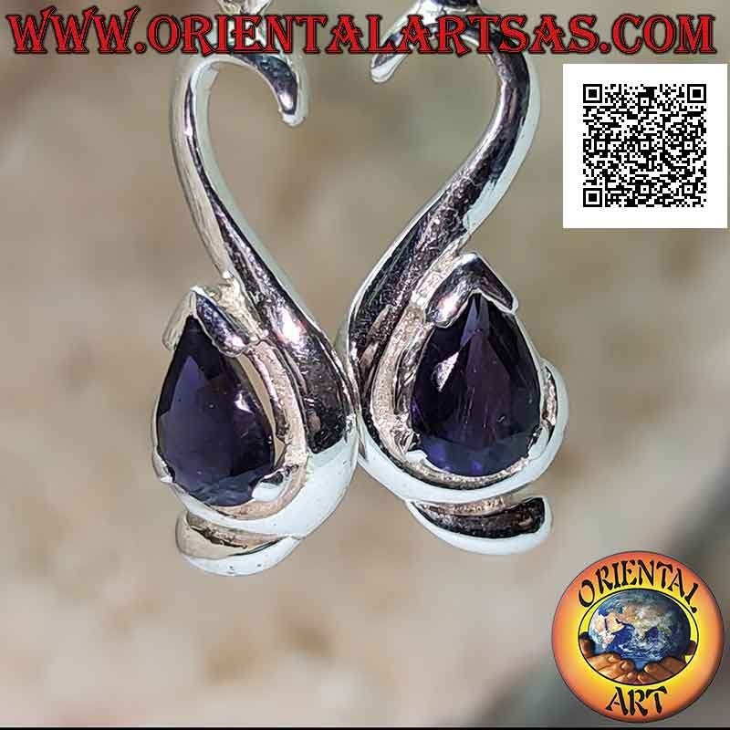 Silver pendant earrings with drop iolite set on a smooth sinuous frame