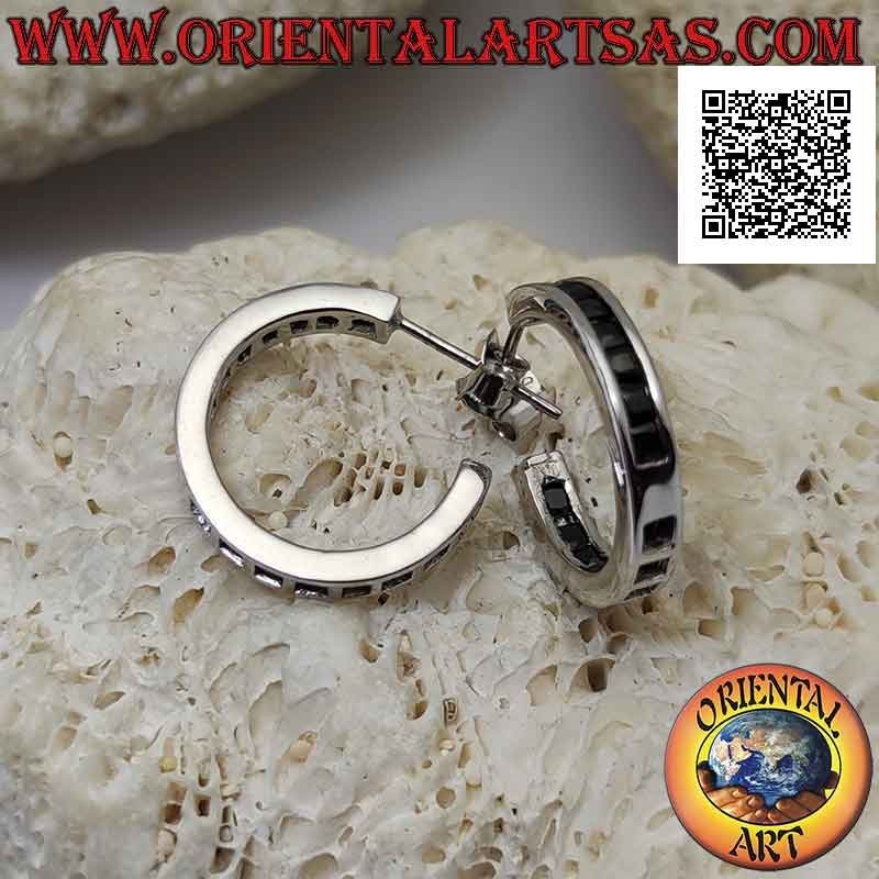Simple squared circle silver earrings with 18 mm row of black zircons