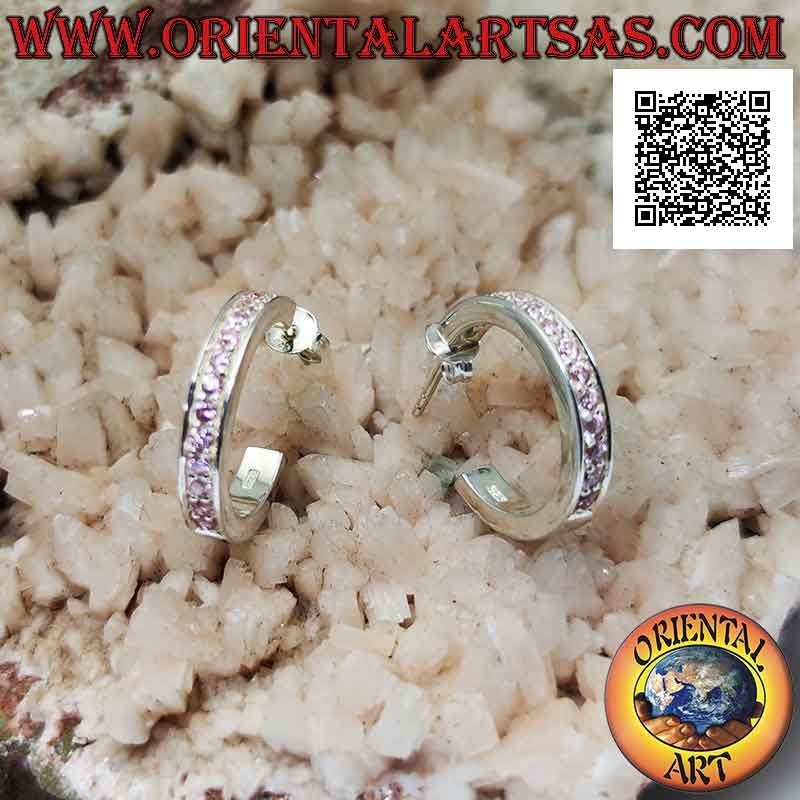 Boucles d'oreilles en argent cercle carré simple avec une rangée de zircons roses de 20 mm