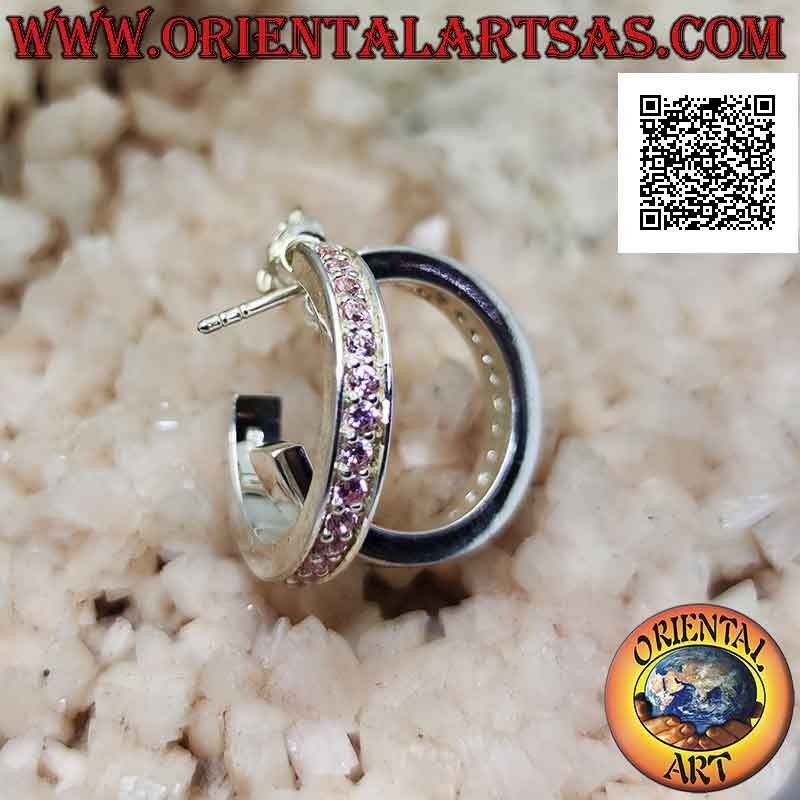 Pendientes de plata con círculo cuadrado simple con una hilera de circonitas rosas de 20 mm engastadas