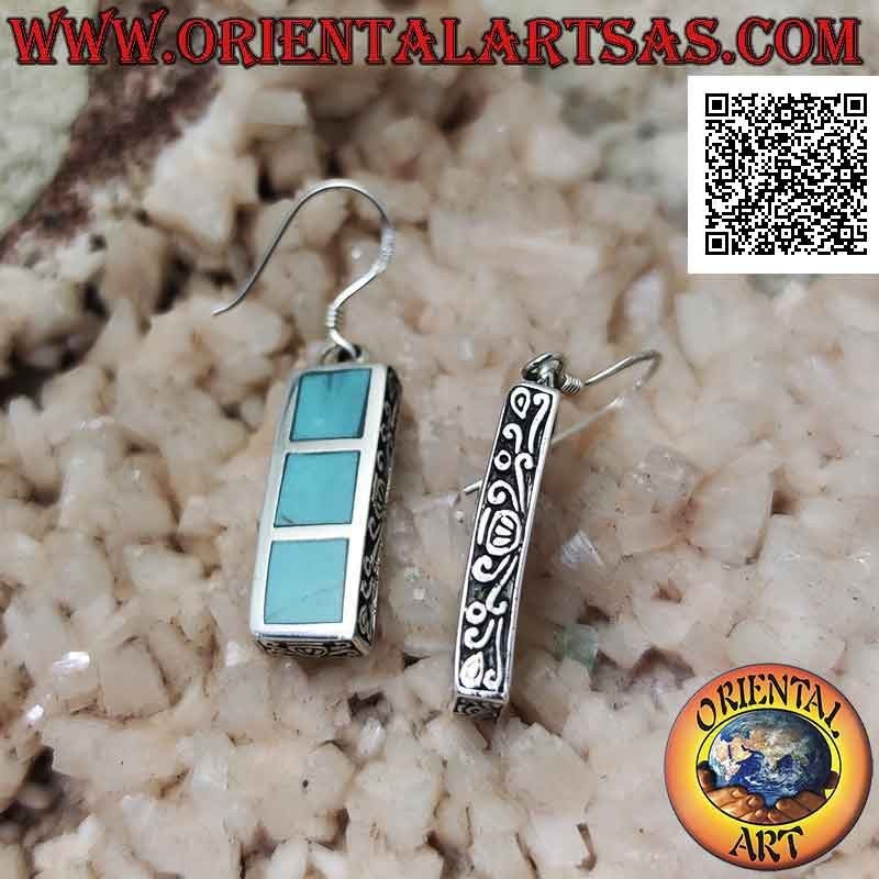 Silver rectangle earrings with three squares of turquoise paste with smooth edge and lateral opening