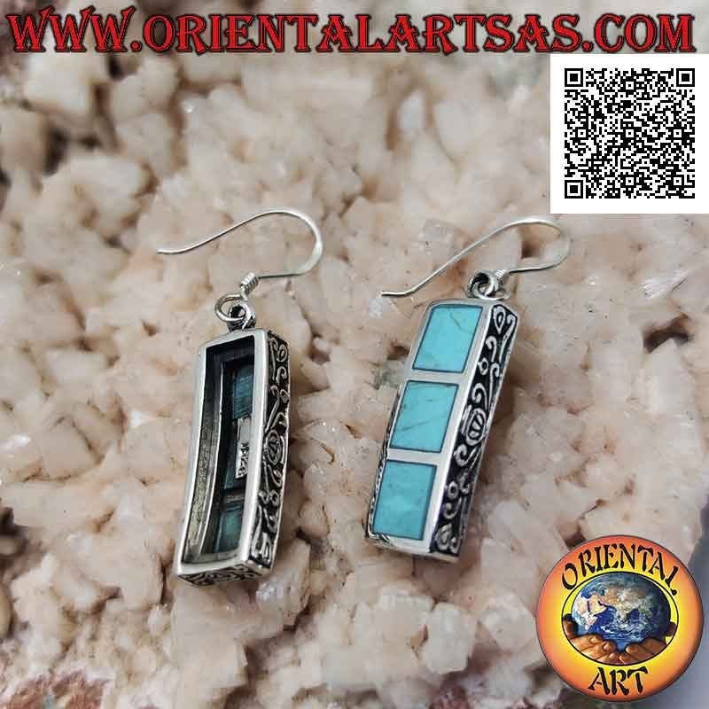 Silver rectangle earrings with three squares of turquoise paste with smooth edge and lateral opening