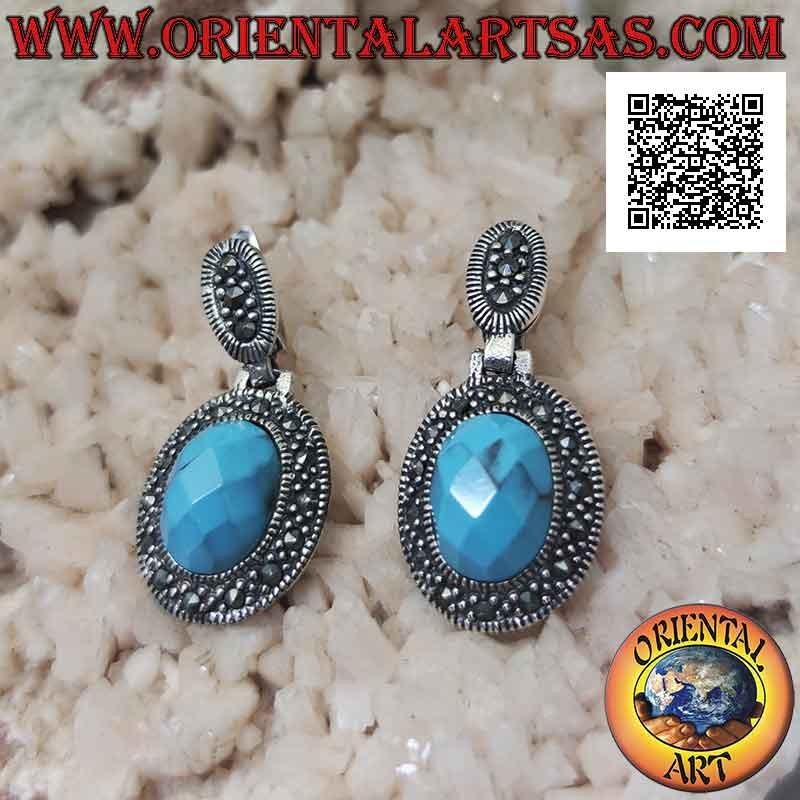 Silver earrings with faceted and protruding oval turquoise paste surrounded by marcasite