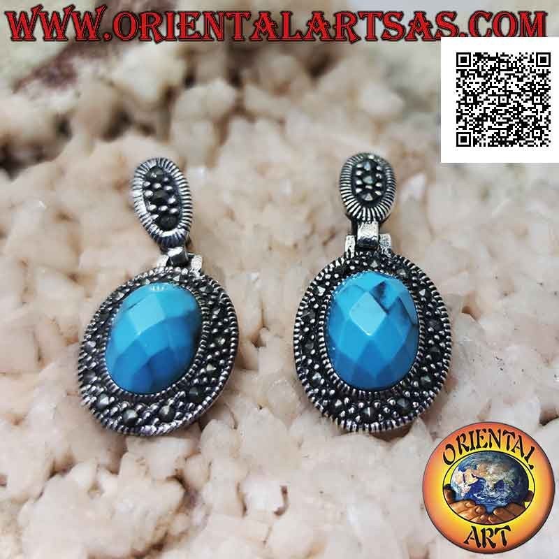 Boucles d'oreilles en argent avec pâte turquoise ovale facettée et saillante entourée de marcassite