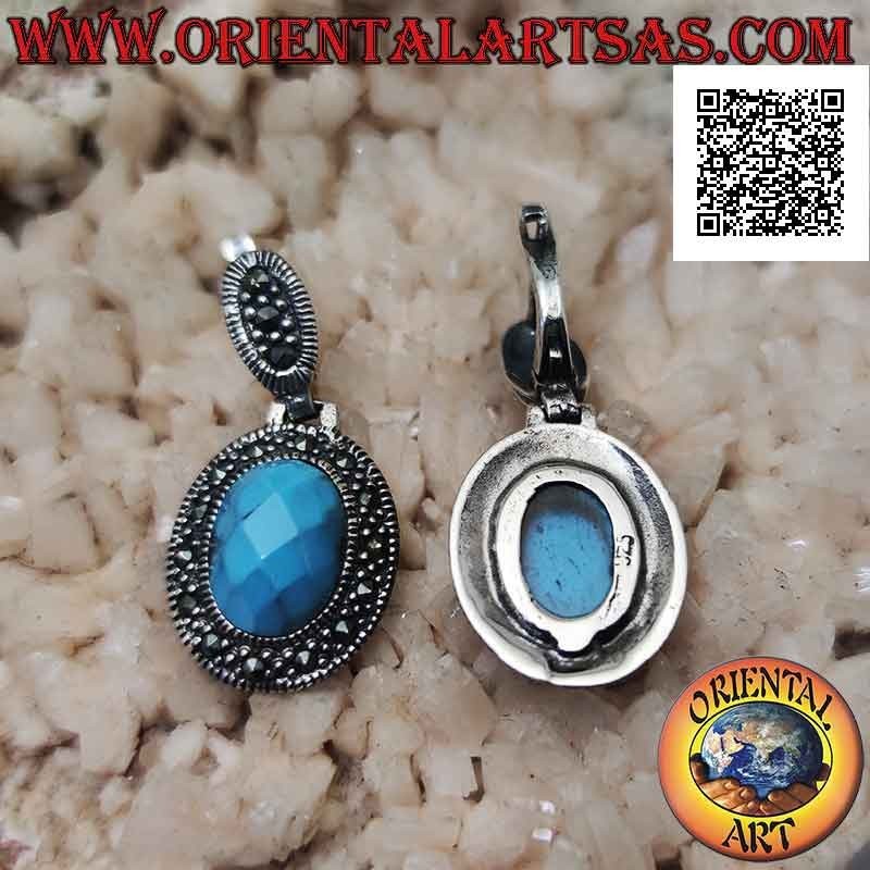 Silver earrings with faceted and protruding oval turquoise paste surrounded by marcasite