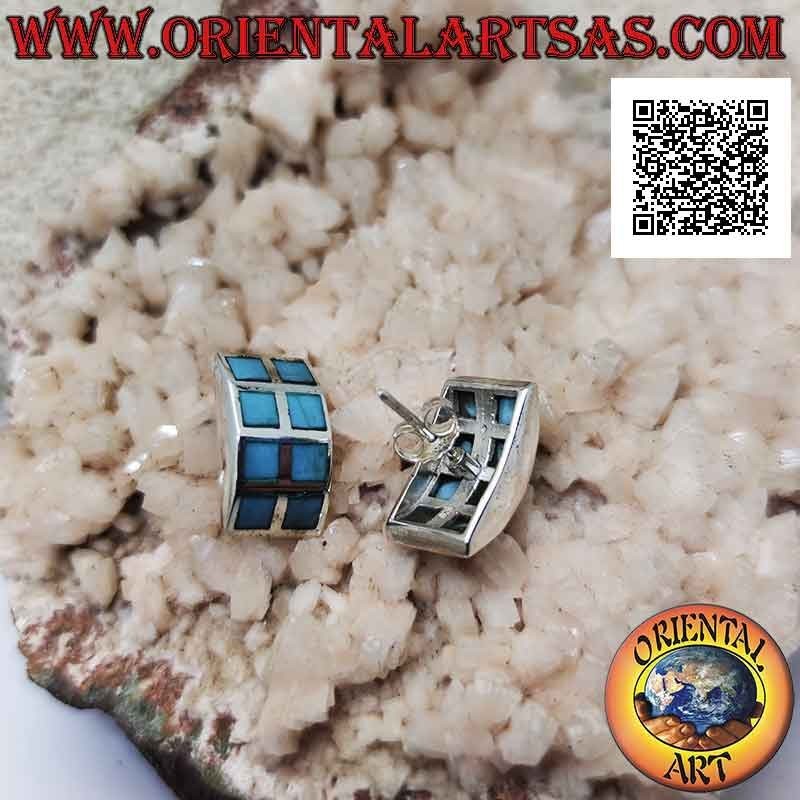 Boucles d'oreilles en argent rectangle incurvé avec six carrés de pâte turquoise avec bord lisse