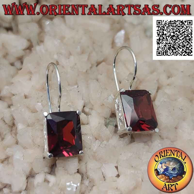 Silver pendant earrings with rectangular synthetic garnet set on a smooth frame with side openings