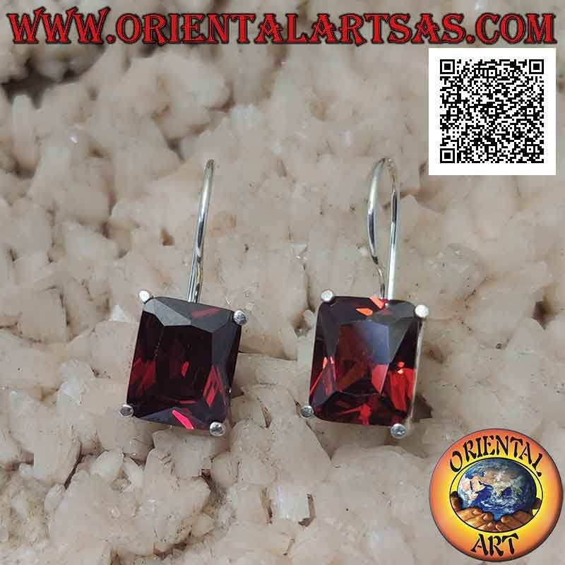Silver pendant earrings with rectangular synthetic garnet set on a smooth frame with side openings