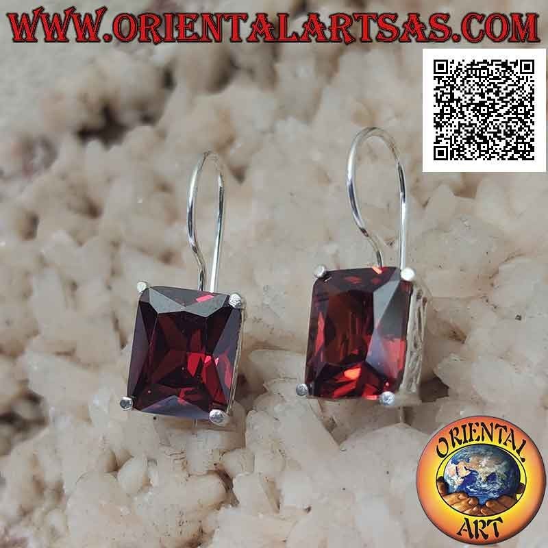 Silver pendant earrings with rectangular synthetic garnet set on a smooth frame with side openings