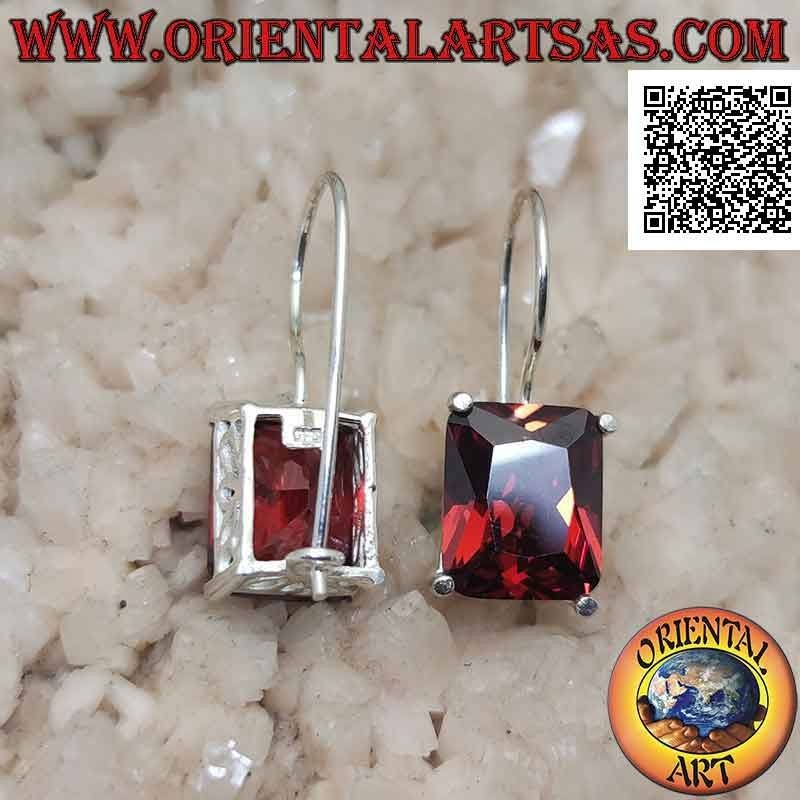 Silver pendant earrings with rectangular synthetic garnet set on a smooth frame with side openings