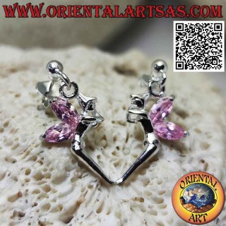 Boucles d'oreilles en argent avec boule lobe et fée avec pendentif ailes en zircon rose