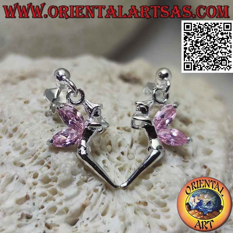 Silver earrings with lobe ball and fairy with pendant pink zircon wings