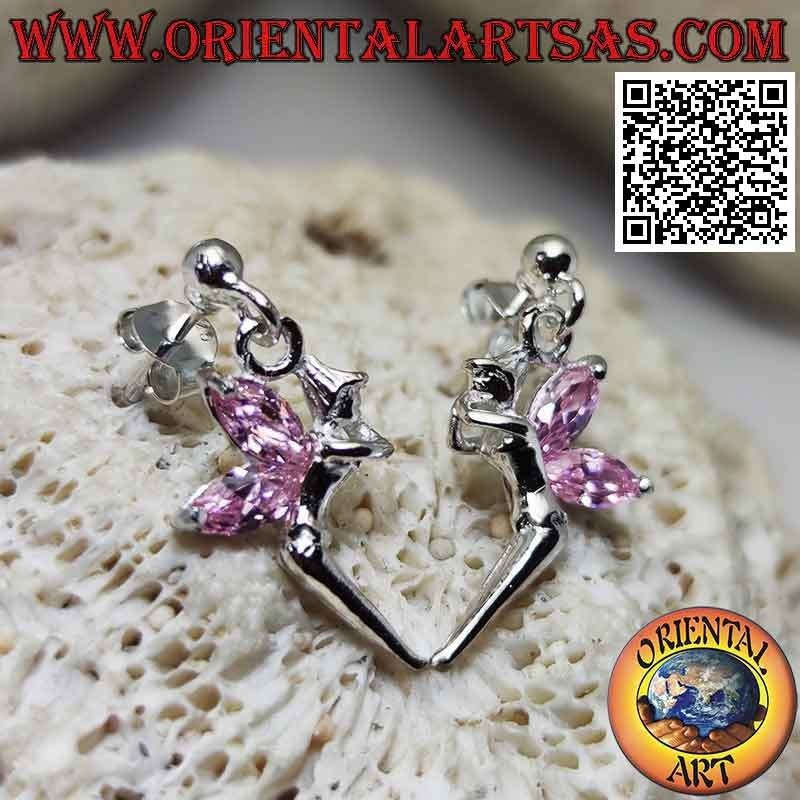 Silver earrings with lobe ball and fairy with pendant pink zircon wings