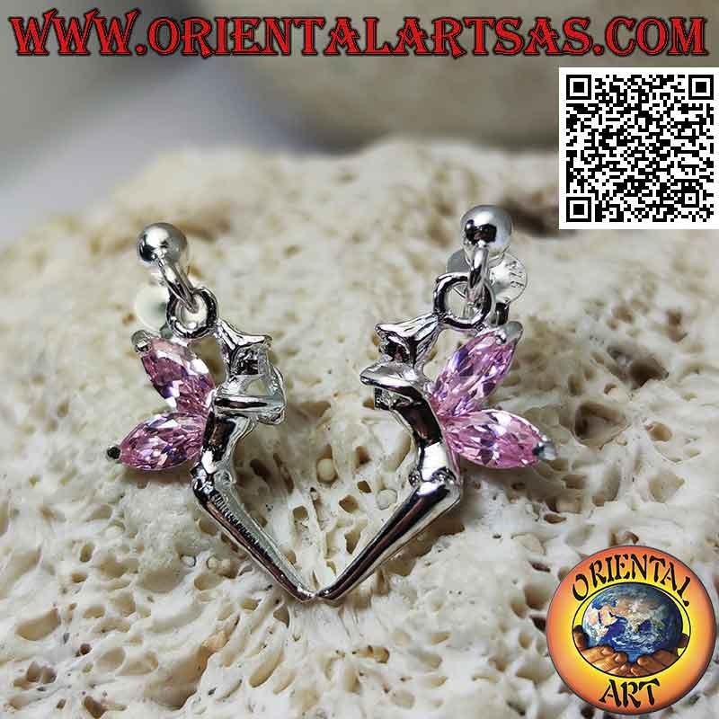 Boucles d'oreilles en argent avec boule lobe et fée avec pendentif ailes en zircon rose