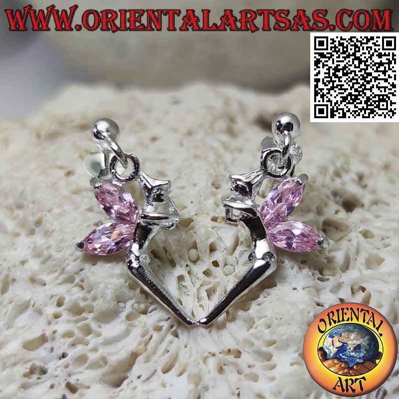 Pendientes de plata con bola de lóbulos y hada con colgante alas de circonita rosa