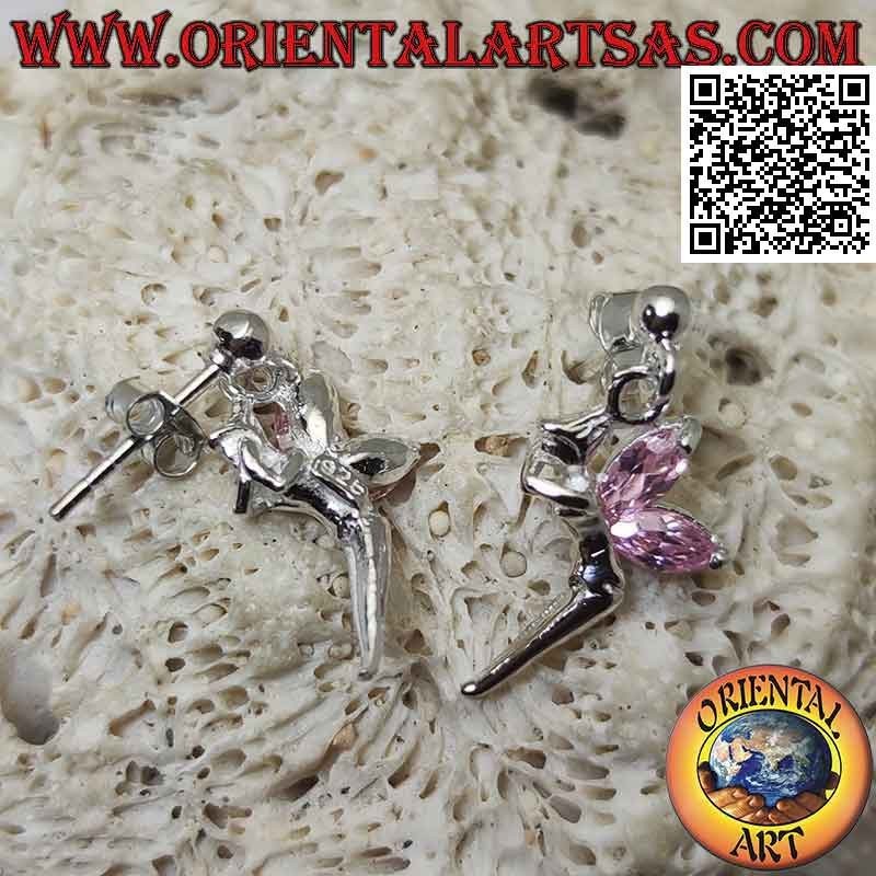 Orecchini in argento con pallina da lobo e fatina con ali di zircone rosa pendente