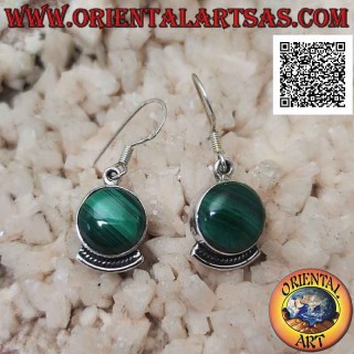 Silver earrings with natural round malachite and decorative bow underneath
