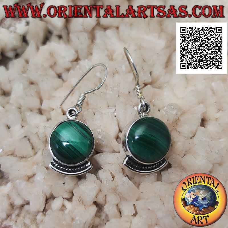 Boucles d'oreilles en argent avec malachite ronde naturelle et nœud décoratif en dessous