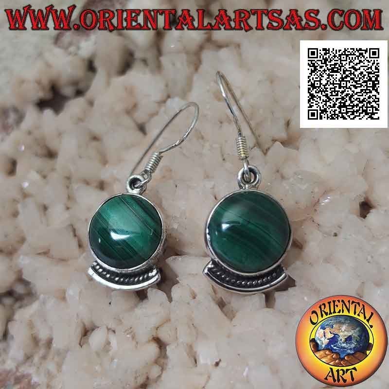 Boucles d'oreilles en argent avec malachite ronde naturelle et nœud décoratif en dessous