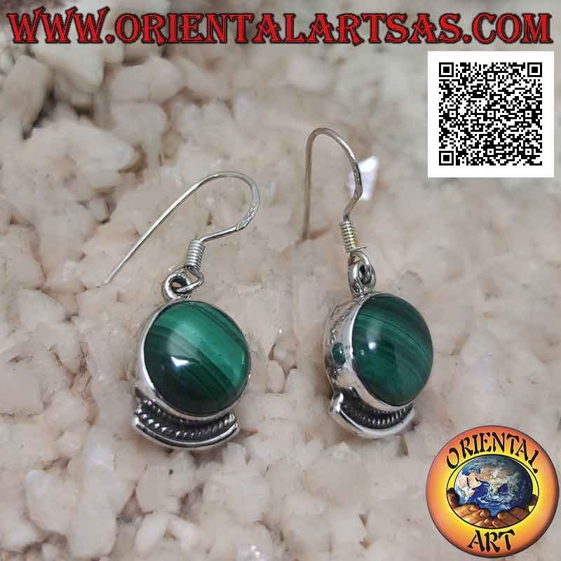 Silver earrings with natural round malachite and decorative bow underneath