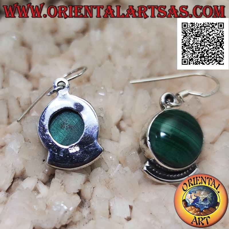 Silver earrings with natural round malachite and decorative bow underneath