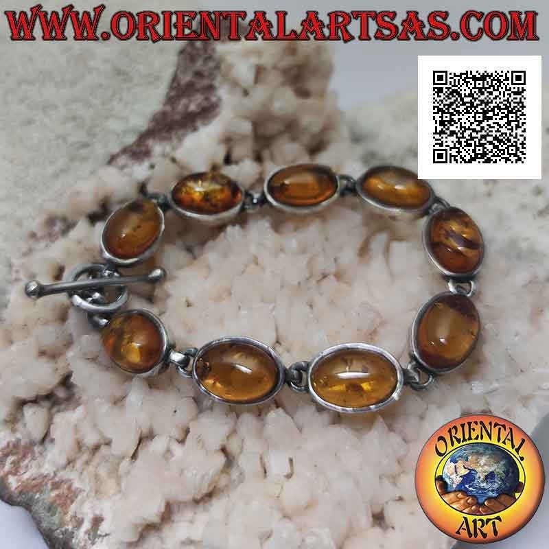 925 ‰ silver bracelet with nine oval cabochon amber wire with smooth edge